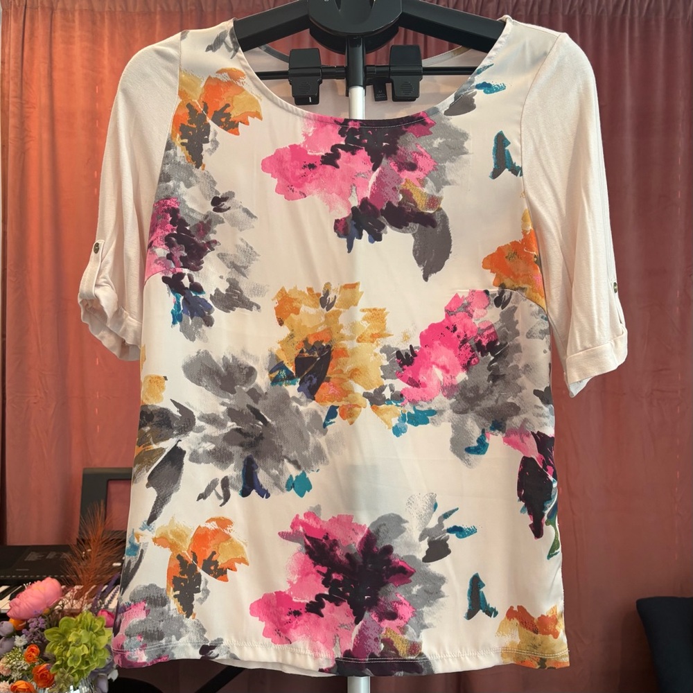The Limited Cream Floral Blouse with Pink, Gray and Yellow Accents